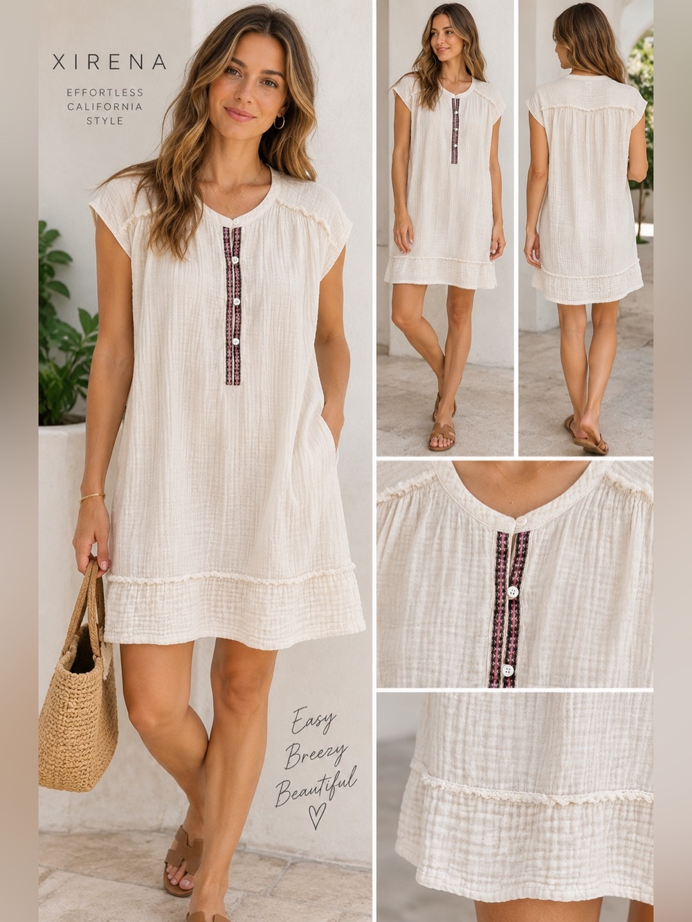 XIRENA Cream Cotton Gauze Dress Medium Boho Tunic Embroidered Button Front M